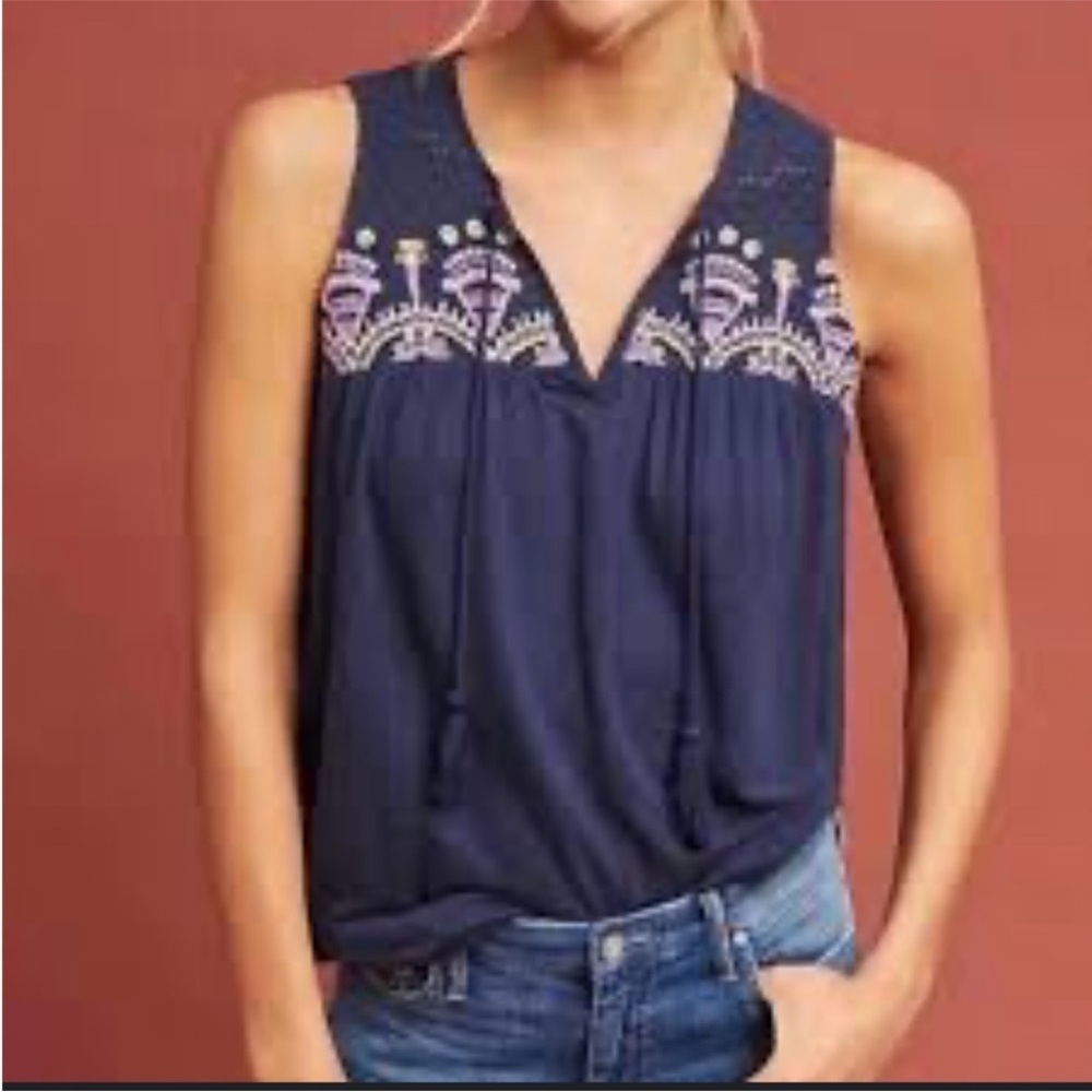 Anthropologie Akemi + Kin Blue Crochet Top - Boho Textured Blouse, Size Medium